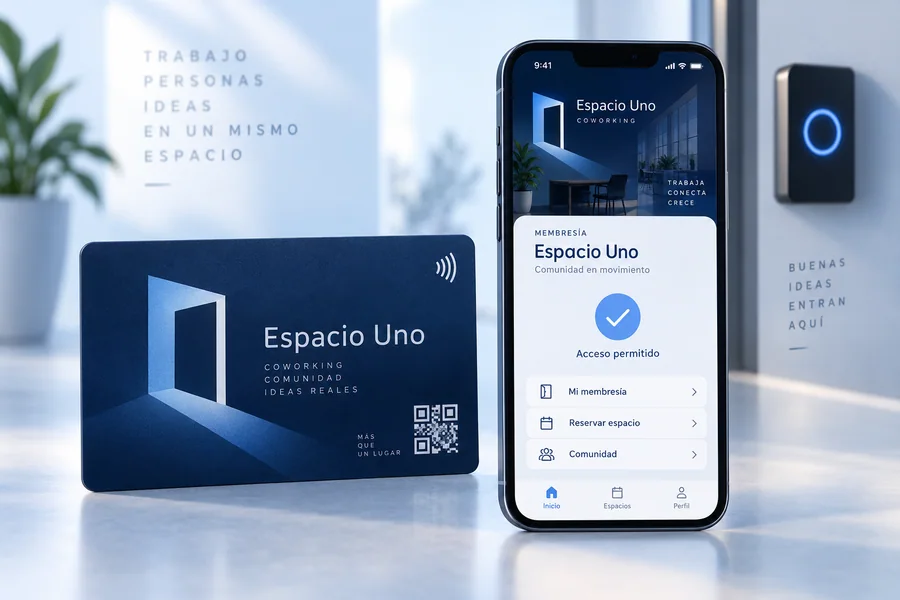 Diseño de tarjeta Espacio Uno y vista en el móvil: Puede identificarse ante un sistema compatible.