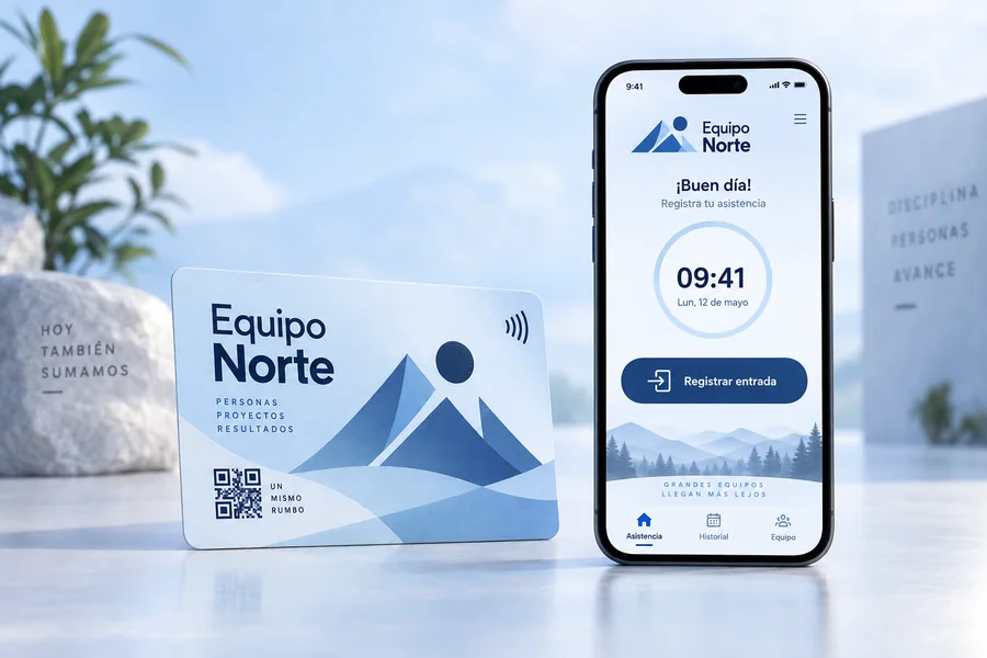 Diseño de tarjeta Equipo Norte y vista en el móvil: Puede conectarse con un sistema de fichaje.