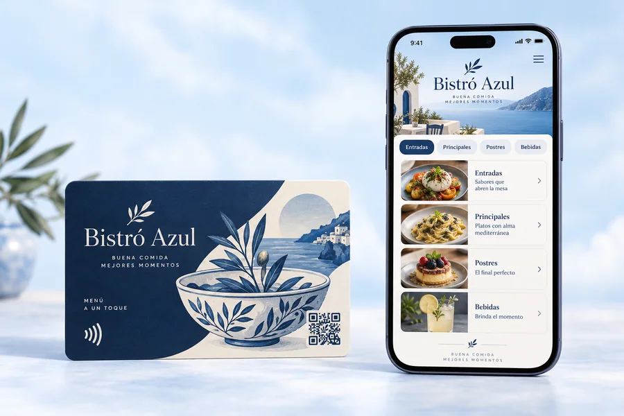 Diseño de tarjeta Bistró Azul y vista en el móvil: Abre el menú digital del restaurante.