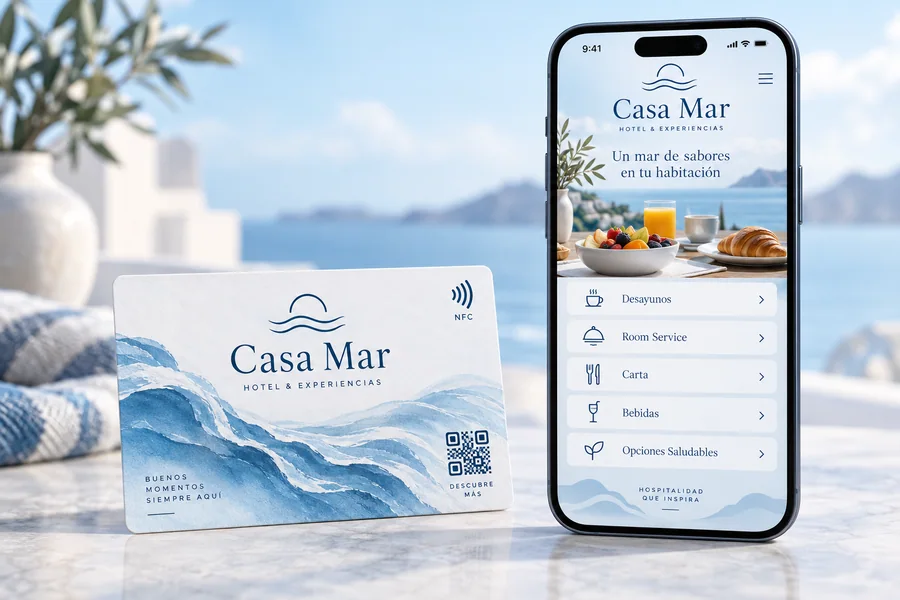 Diseño de tarjeta Casa Mar y vista en el móvil: Muestra la carta y los servicios del alojamiento.