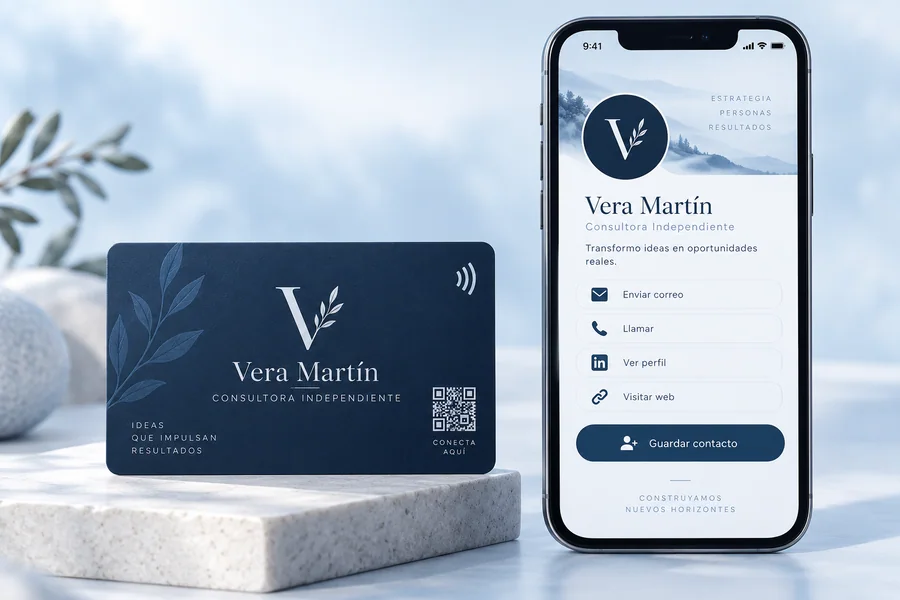 Diseño de tarjeta Vera Martín y vista en el móvil: Presenta los datos de una profesional.