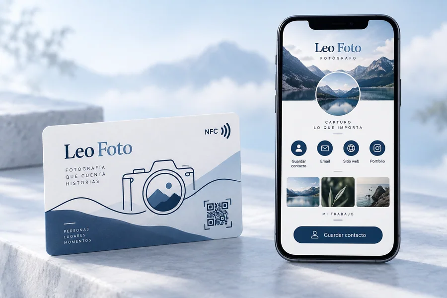 Diseño de tarjeta Leo Foto y vista en el móvil: Comparte una ficha con contacto y portfolio.