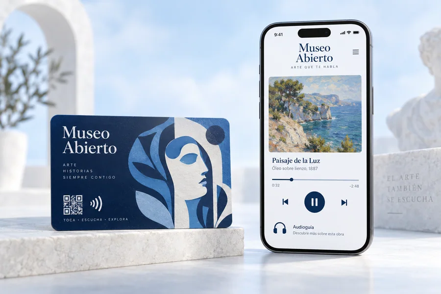 Diseño de tarjeta Museo Abierto y vista en el móvil: Lleva a contenido o una audioguía.