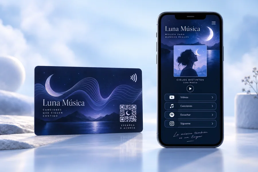 Diseño de tarjeta Luna Música y vista en el móvil: Muestra música, vídeos y perfiles sociales.