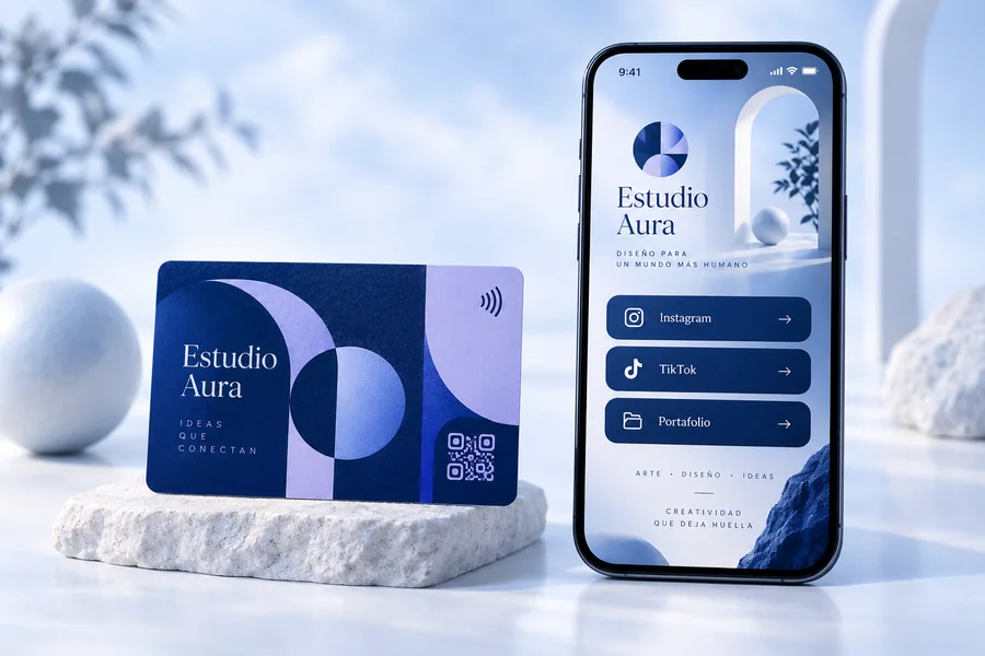 Diseño de tarjeta Estudio Aura y vista en el móvil: Abre una página con redes y portfolio.