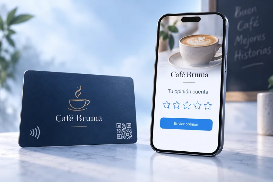 Diseño de tarjeta Café Bruma y vista en el móvil: Abre el enlace para escribir una reseña.