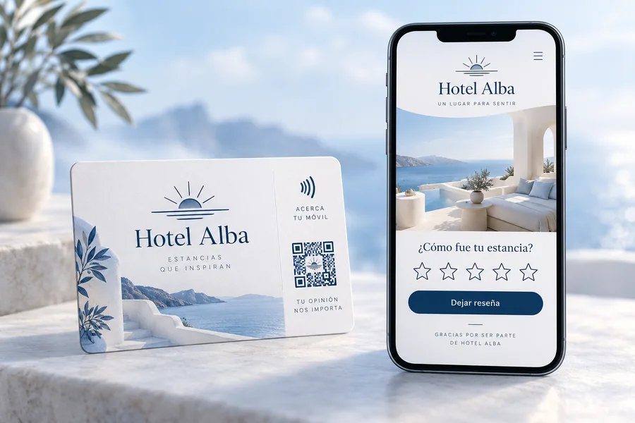 Diseño de tarjeta Hotel Alba y vista en el móvil: Lleva a la página de reseñas del alojamiento.