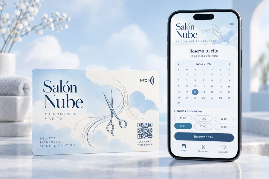 Diseño de tarjeta Salón Nube y vista en el móvil: Abre la agenda de reservas del salón.