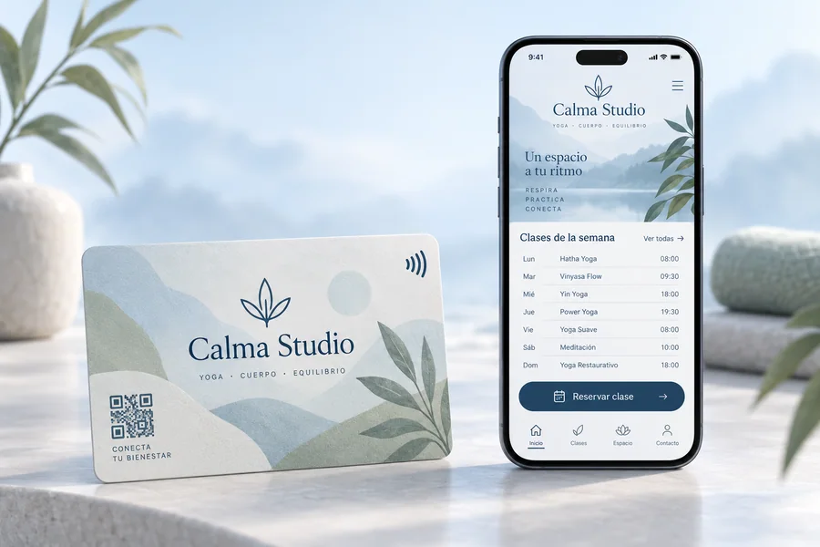 Diseño de tarjeta Calma Studio y vista en el móvil: Lleva al calendario de clases del estudio.