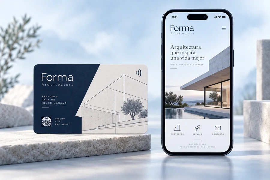 Diseño de tarjeta Forma Arquitectura y vista en el móvil: Abre el portfolio de arquitectura.