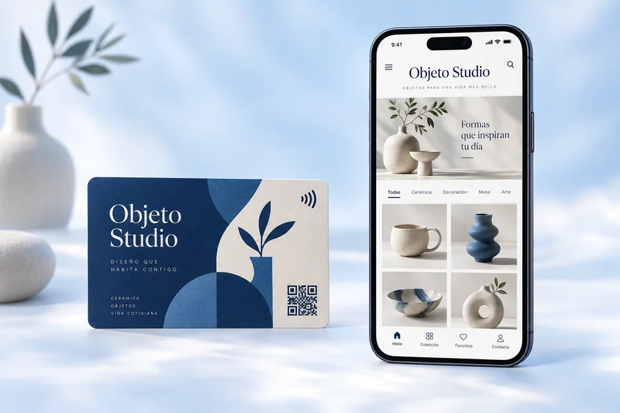 Diseño de tarjeta Objeto Studio y vista en el móvil: Lleva a la web o catálogo de la tienda.