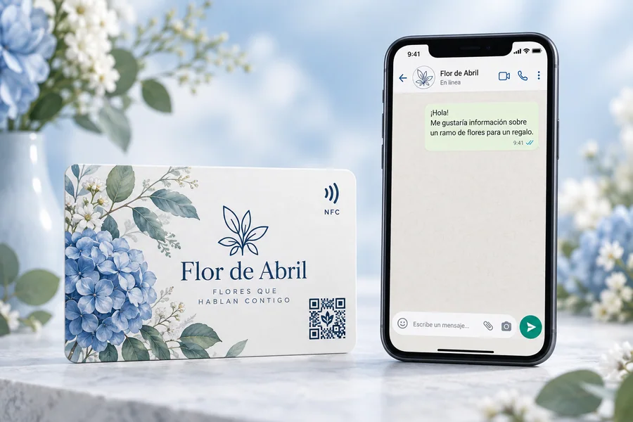 Diseño de tarjeta Flor de Abril y vista en el móvil: Prepara un chat de WhatsApp con tu negocio.