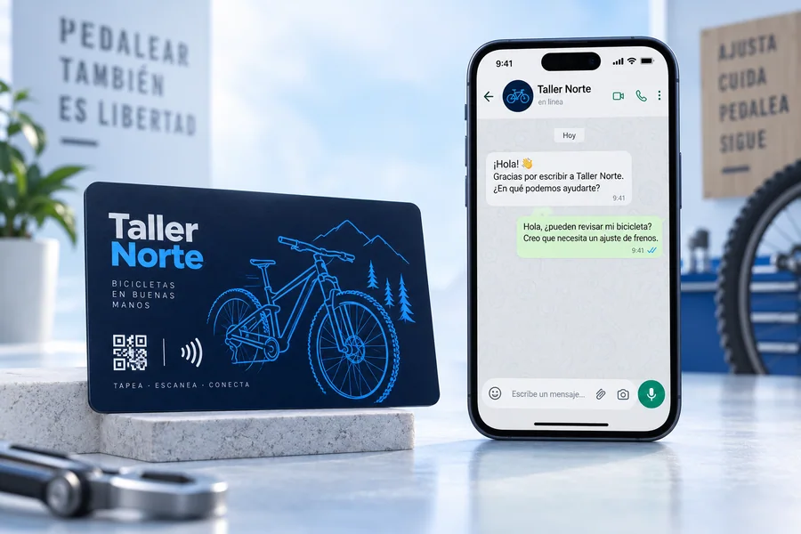 Diseño de tarjeta Taller Norte y vista en el móvil: Abre WhatsApp para consultar una reparación.