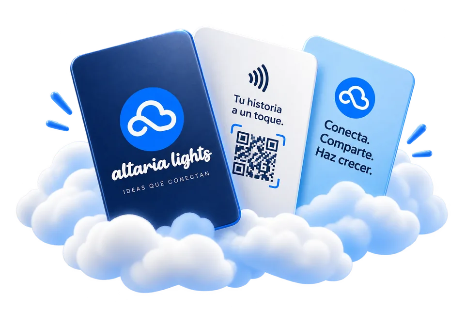 Tres tarjetas NFC Altaria Lights personalizadas en azul marino, blanco y azul cielo, sobre nubes