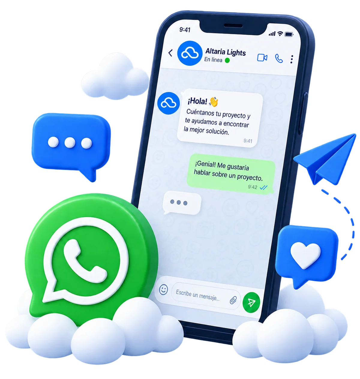 Conversación con Altaria Lights representada en un teléfono junto al icono de WhatsApp