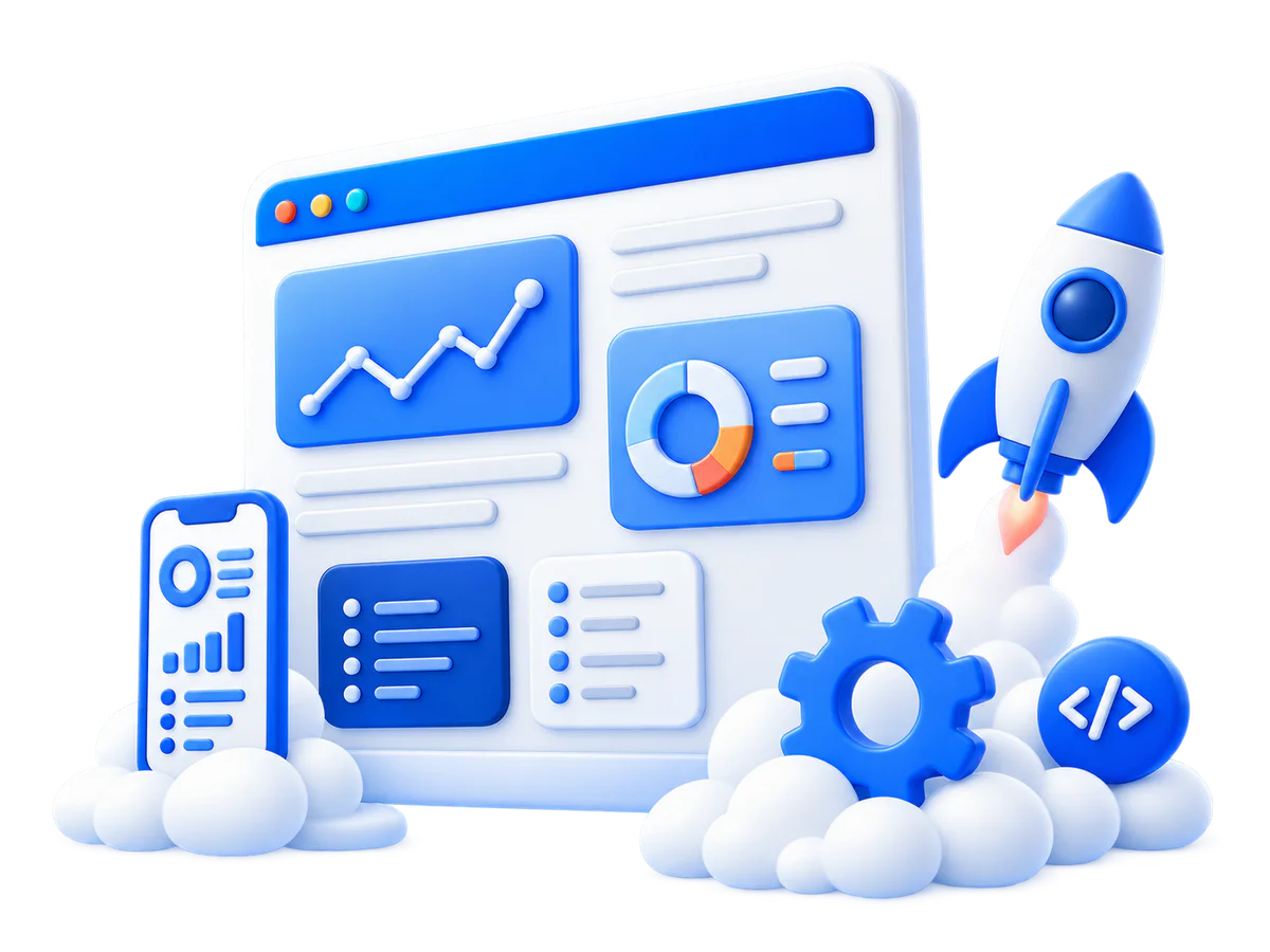 Composición tridimensional de software a medida con paneles de datos, automatización y un cohete